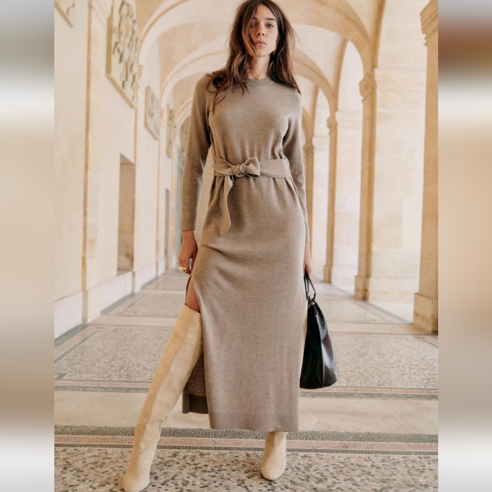 Sezane Piana Heather Brown Wool Midi Dress Size L